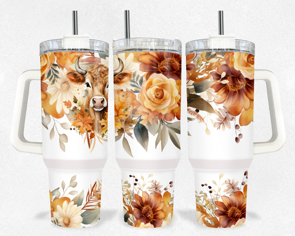 40z Floral Highland Cow Quencher Tumbler
