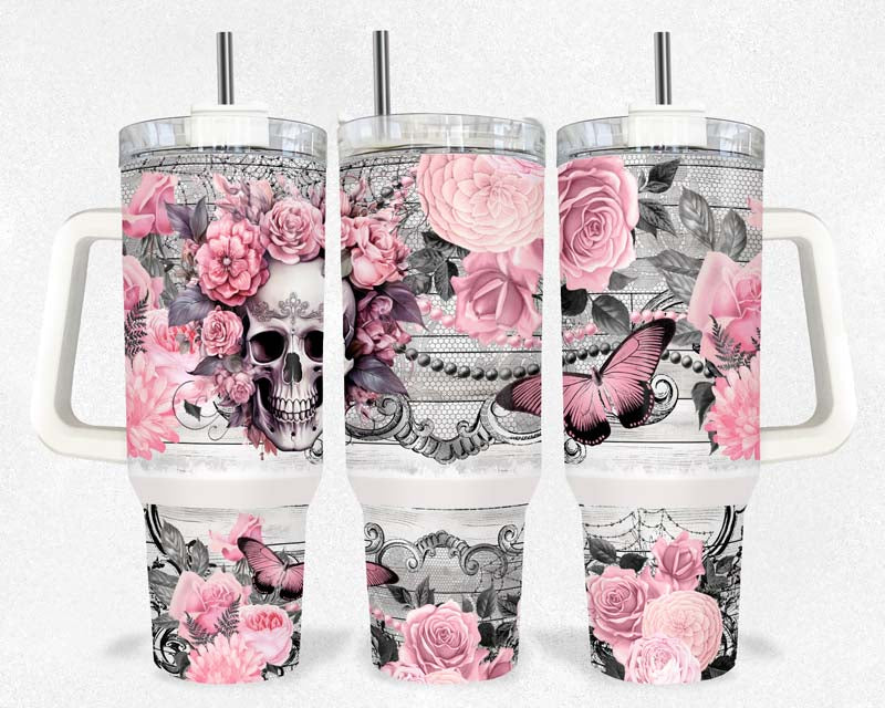 40z Pink Butterfly And Skull Quencher Tumbler